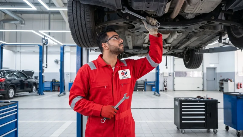 فني سيال كينغدوم بالزي الأحمر يفحص أسفل سيارة على الرافعة في ورشة المعبيلة